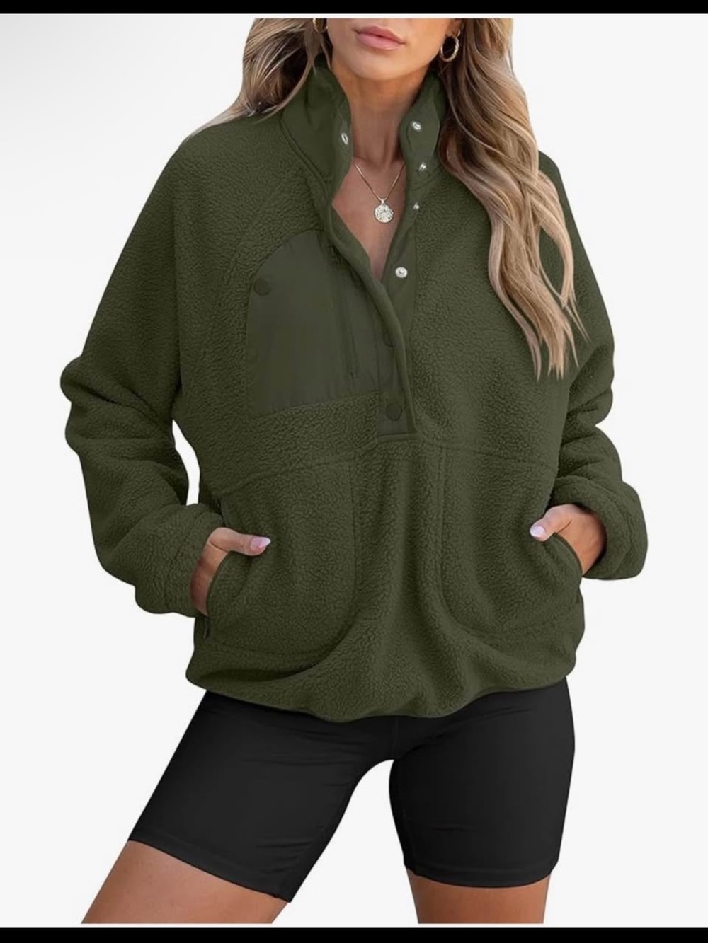 Anrabess Women's Olive Green Teddy Snap-Placket Pullover Jacket Sz S